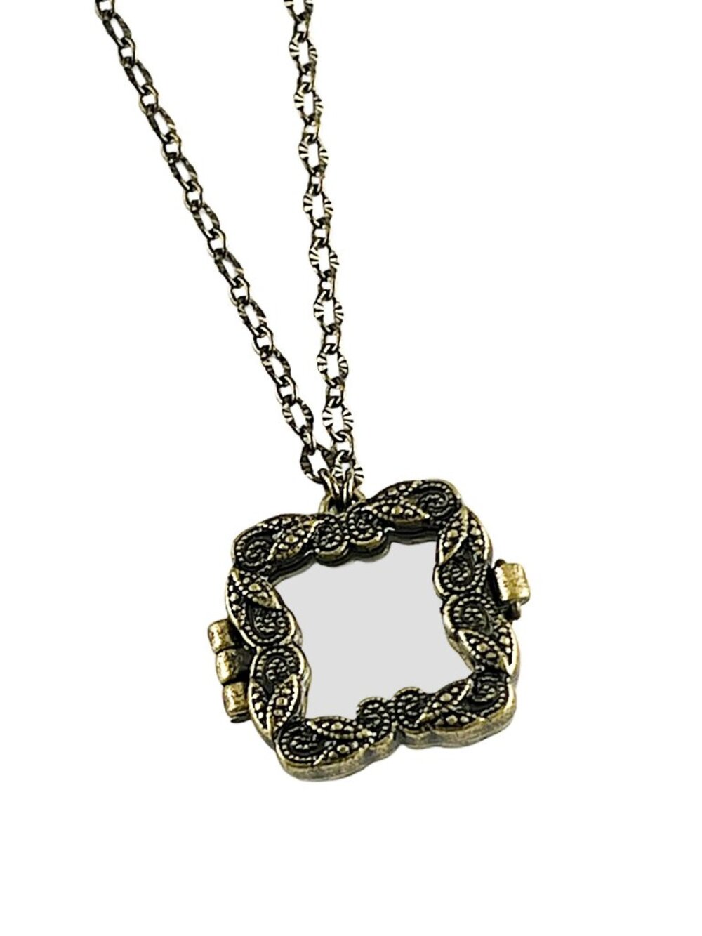 Glass Locket Filigree Design Vintage Style Keepsake Memory Antique Brass Tone